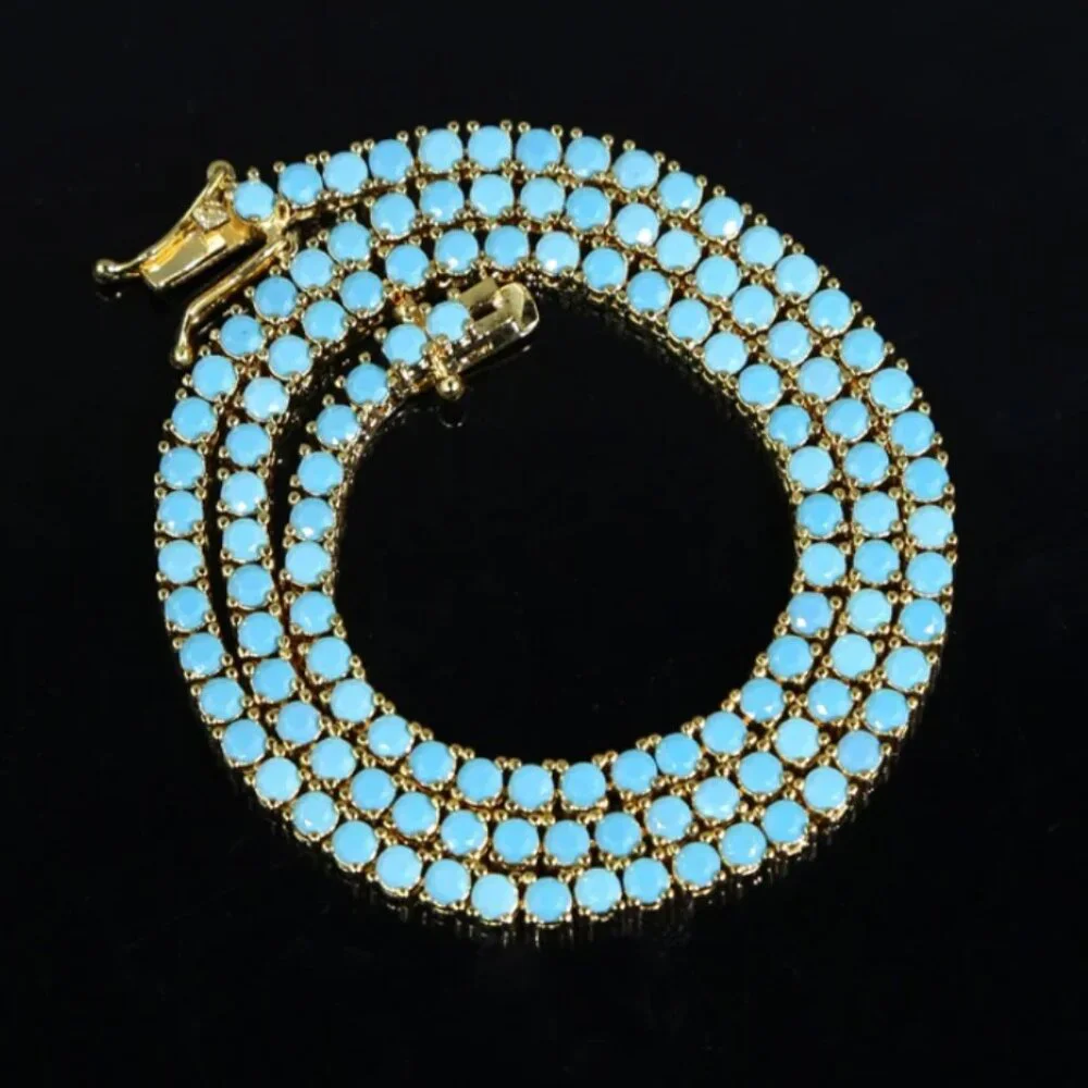 14K Gold Womens 16" Natural Turquoise Gemstone Tennis Necklace Ladies Jewelry - Picture 1 of 10